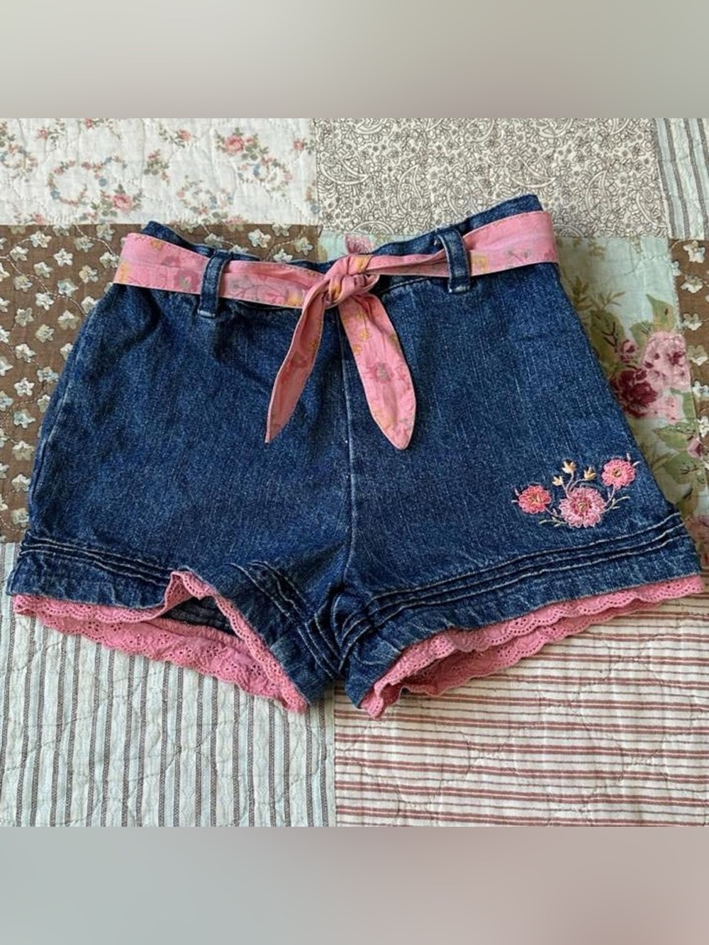 Little Legends denim shorts with pink floral embroidery & pink lace trim